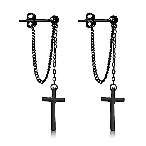Unique Punk 925 Sterling Silver Cross Dangle Drop Earrings Chain Ball Studs Earrings for Women Men Statement