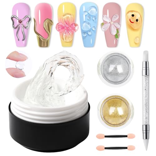 GZMAYUEN Gel de Construction Solide pour Ongles Transparent 15g Sculpture Builder Ongle, 3D Gel Nail Art - Or Argent Poudre Effet Miroir Ongle pour Manucure Salon DIY