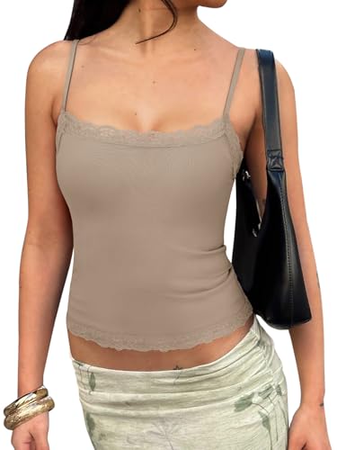 PINKMSTYLE Women Fitted Cami Top Square Neck Spaghetti Strap Tank Tops Slim Double Lined Sleeveless Y2k Going Out Cute Top Taupe Large — view 3