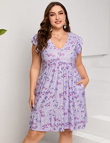 Image of ShopWonder Womens Plus Size Casual V Neck Dress Loose Swing Ruffle Summer Boho Midi Dress with Pockets Light Purple Printing 4XL