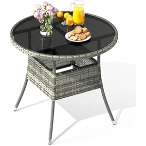 YITAHOME Outdoor Dining Table Round for 4 31.5" Patio Dining Table with Easy-to-Clean Glass Tabletop, All-Weather Rattan Bistro Table Round for Backyard Deck Porch Poolside, Gray