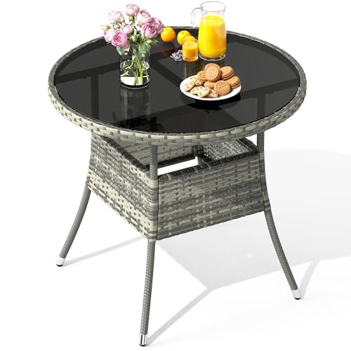 YITAHOME 31.5" Patio Table for 4-Person, Outdoor Patio Wicker Round Dining Table, All-Weather Rattan Bistro Dining Table w/Glass Tabletop for Backyard Deck Porch Poolside, Gray
