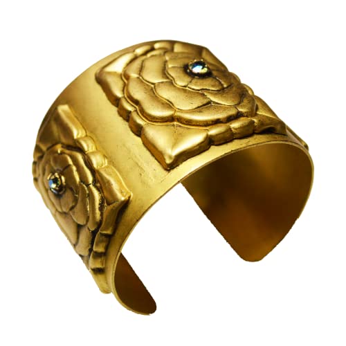 Elaine Coyne Collectible Artwear Antique Gold Solid Brass Art Deco Rose Cuff - Paradise European Crystals Made In Usa #TOP15