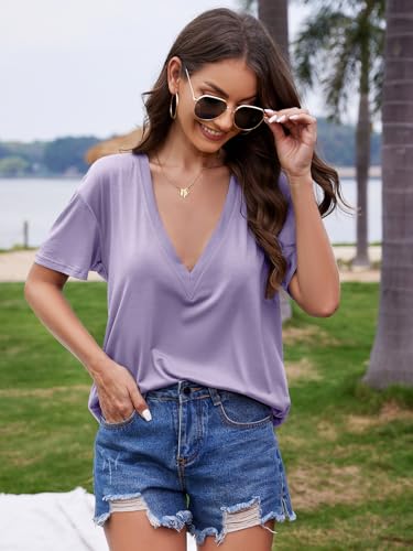 Image of UNCLECAT Womens Deep V Neck T Shirts Summer Oversized Short Sleeve Tops | V Neck, Sexy, Solid, Loose Fit, Casual, Trendy, Going Out, Daily Wear, Workout