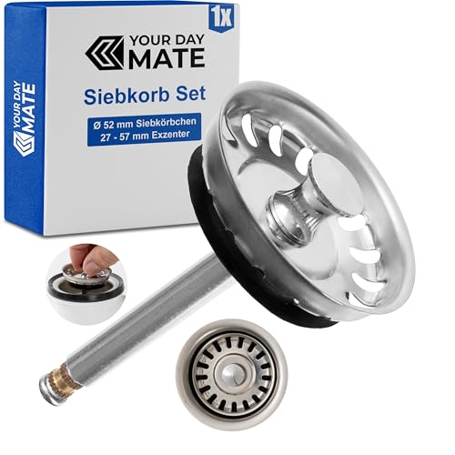 Spülbecken Siebkörbchen, 1 Pack, Ø 52 mm Siebkorb, Edelstahl, Exzenter Zapfen ragt 27-57 mm tief in den Abfluss, Ø 8 mm Stift, Ersatzteil für Küchenspülen, Küchenabflusssieb