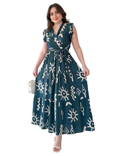 Image of KZULLY | Dress for Women | Feminine Cross Tie Long | Soft Frill Arm Detail Look | Stylish Allover Print Wear