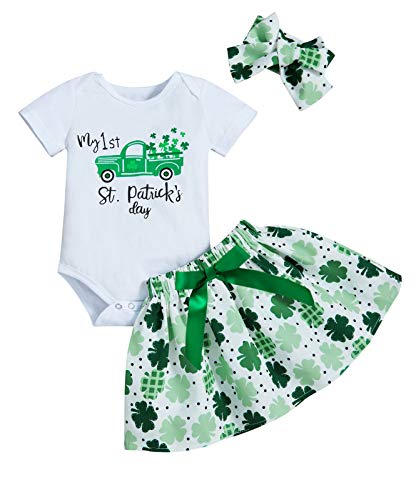 Baby Girl My 1st St. Patrick's Day Outfits Infant Girl Short Sleeve Romper Lucky Clover Skirt with Headband Clothes Set?Green, 0-3 Months