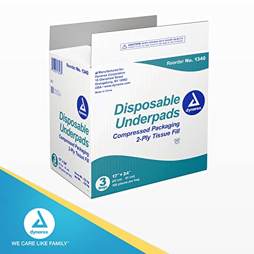 Dynarex Disposable Underpads, Tissue Fill (2 Ply), Medical-Grade Incontinence Bed Pads To Protect Sheets, Mattresses, And Furniture, 17”X24” (15G), 1 Case Of 300 Disposable Underpads (3 Boxes Of 100) #TOP6