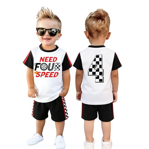 IZYJOY Fourth Birthday Boy Outfits Toddler Need 4 Speed Race Car 4th Shirt Shorts 2Pcs Racing Bday Party Summer Clothes Set(Black 4T(110))