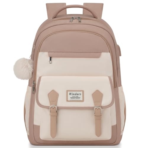 Student Laptop Backpack for College Teen Girls, Cute Middle High School Bag Women Bookbag Large Travel Back Pack Fit 15.6 Inch Laptop (Khaki Beige)