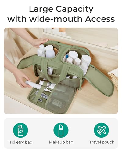 Image of BAGSMART Travel Toiletry Bag, Lightweight Large Wide-Open Toiletry Bag for Women, Puffy Cosmetic Makeup Bag Organizer with Handle for Accessories,Essentials, Toiletrie, Army Green, Large, Puffy