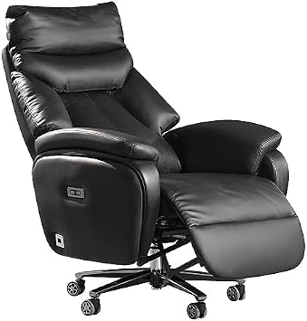 Kinnls Coast Power Office Recliner Chair,Big and Tall Executive Office Chair, Fully Reclining Modern Ergonomic Genuine Leather Desk Chair with Arms (Black-Dual Motor)