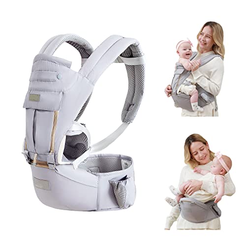 Baby Carrier with Hip Seat, Baby Carrier Newborn to Toddler, Baby Hip Seat Carrier for 7 -66lbs, All Seasons Baby Holder Carrier, All Position.(Light Grey)