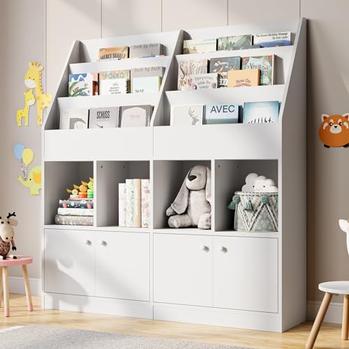 Image of Cozy Castle Combination Kids Bookshelf, Kids Bookcase with 3 Tier Shelves, 4 Cubbies and 2 Cabinets, Multifunctional Toy Storage Organizer for Playroom, White