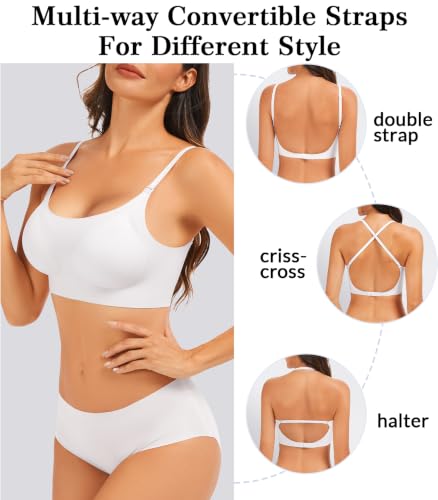 Image of Seamless Low Back Bra Wireless Smoothing Halter Convertible Bralette | Jelly Bras for Backless Dresses, Scoop Neck Padded Multiway Bra, Invisible No Show Thin Straps, Criss Cross Beauty Back
