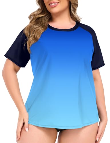 COOTRY Women's Plus Size Rash Guard with Built in Bra Short Sleeve Swimsuit Top Swim Shirt UPF50+