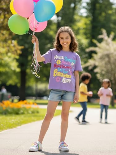 Image of WELAKEN Girls Soft T-Shirt with Curved Hem, Breathable Stretchy Rayon Crewneck Short Sleeve Tees, Kids Everyday Basic Top