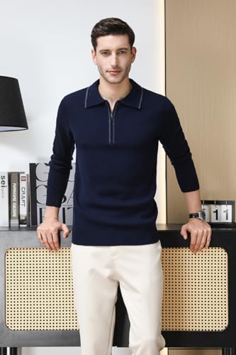 Men's 100% Wool Sweater Casual Long Sleeve Knit Polos Zip Down Collared Golf Pullover Sweaters3
