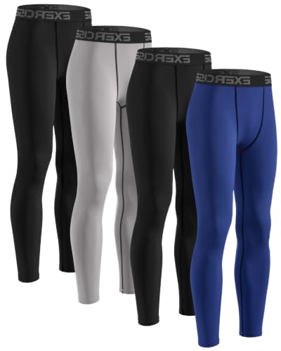 ATTIQOZI 4 Pack Kompressions Leggings Jungen Lange Unterhosen Kinder Laufhose Sport Leggings Jungen Sportunterwäsche für Fußball, Basketball,Laufen und Fitness Schwarz/Grau/Schwarz/Dunkelblau XL