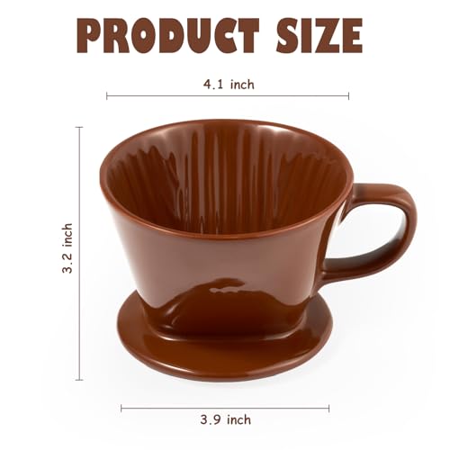 Image of Pour Over Coffee Dripper, Ceramic Pour Over Coffee Maker, Brown | 3 Holes Flat Bottom, Easy Manual Brew Maker, Porcelain Slow Filter Cone for Travel, Camping, Office, Home