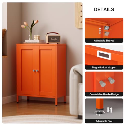 Image of Bevivog Orange Metal Locker Cabinet with 2 Doors and 2 Adjustable Shelves, Small Accent Cabinet Bathroom Floor Storage Cabinets Short Sideboard for Entryway, Living Room, Hallway