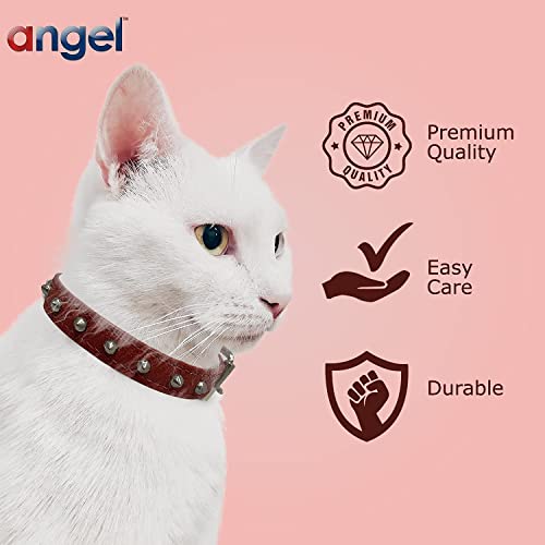 Genuine Leather Safety Studded Cat Collar | Handmade Breakaway Elastic Stretch Collar | Lightweight & Strong | Permanently Secured Studs Spikes Collar | Angel Pet Supplies (10" X 1/2", Valentine Red) #TOP7