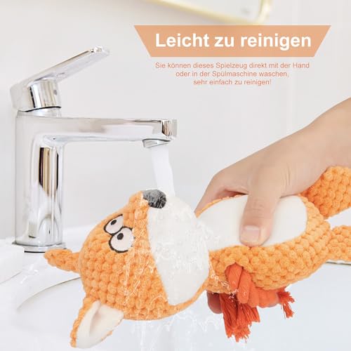 TONYFY Hundespielzeug, Hund Quietschspielzeug mit Knitterpapier, Plüschtier Hund Plüsch Kauspielzeug, Baumwollseil interaktives Spielzeug für Welpen, kleine, mittlere Hunde (Orange Fuchs)