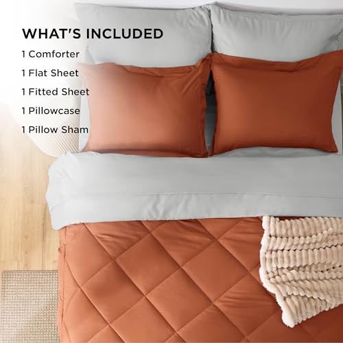 Image of Bedsure Twin Comforter Set - 5 Pieces Reversible Burnt Orange Bedding, Twin Size Bed Set for All Seasons, Bed in a Bag with Down Alternative Comforter, Sheets, Pillowcase & Sham