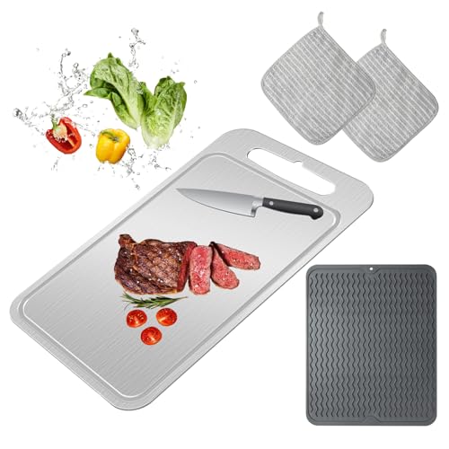 Tabla de cortar de titanio puro, diseño rectangular de 14×10 pulgadas, reversible, con ranura para jugos, apta para lavavajillas, color blanco puro