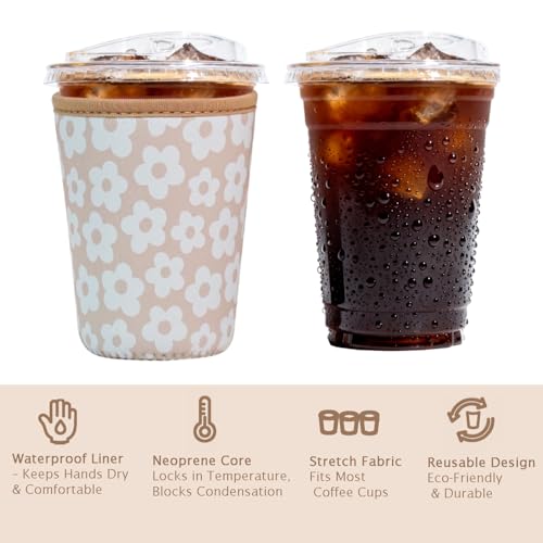 Image of Reusable Insulated Sleeve for Iced Coffee Cup, Coffee Neoprene Sleeve for Cold & Hot Drinks, Beverage Holder for Iced Coffee (Creamy Florals, Medium: 22-24oz)