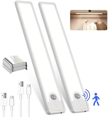 8 Inch Under Cabinet Lights, Upgraded 41 LED Rechargeable Magnetic Motion Sensor Light Indoor, Brightness Dimmable 6500K Stepless Dimming Closet Light, for Under Counter, Kitchen, Closet, 2 Packs