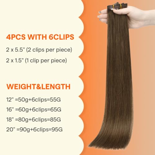 Image of Full Shine Medium Brown Hair Extensions, Seamless Human Hair Clip ins | Human Hair Clip in Extensions, 12 Inch 55g 4 Pcs, Part Line Fill ins, Soft Straight, Office Styling, Short Hair