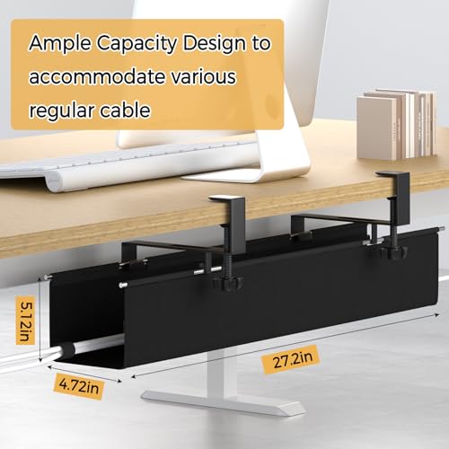 Under Desk Cable Management Tray - 27.2\'\' Desk Cord Organizer Clamp-on Computer Wire Organizer Cable Tray No Drill, with 16X Cable Ties Hide PC Cable Management for Office/Home,Fabric Desk Cord Holder