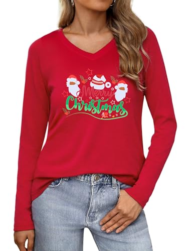 Wayleb Camiseta Navideñas Mujer Manga Larga Algodón Camisetas Cuello en V Elegante Tops Invierno Ropa Navideña