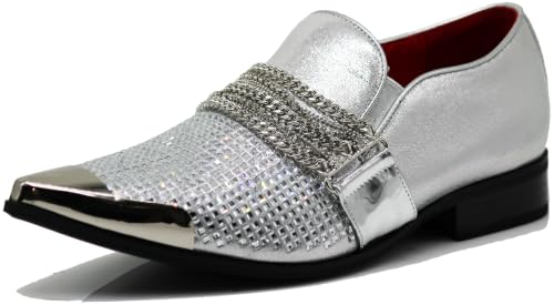 Image of Enzo Romeo Crisino Men Rhinestone Chrome Toe Suede Pointy Buckle Dress Loafer Slip On Shoes