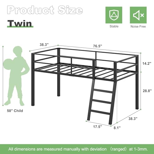 Lutown-Teen Low Loft Bed Twin Size, Junior Metal Twin Loft Bed with Stairs and Safety Guard, Noise Free for Small Bedroom, Black