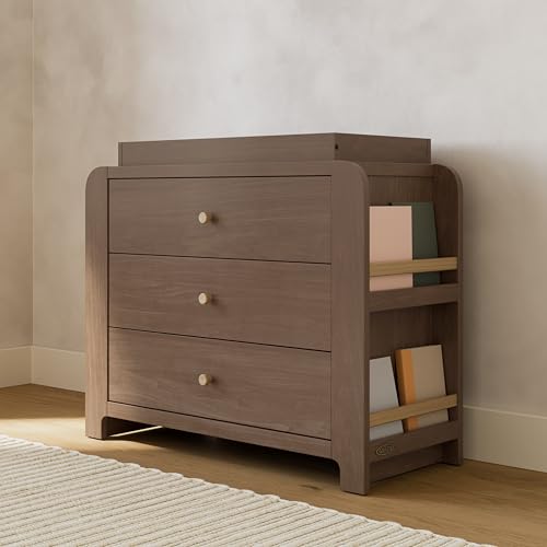 Image of Graco Read-with-Me 3 Drawer Chest with Bookshelves and Removable Changing Topper (Hazelnut with Driftwood) - GREENGUARD Gold Certified, Nursery & Kids' Bedroom Wood Chest with Spacious Storage