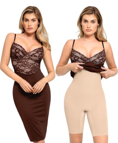 Image of Popilush Lace Midi Dress Shapewear Dresses for Women V-Neck Slip Adjustable Straps Bodycon Slip with Underwire
