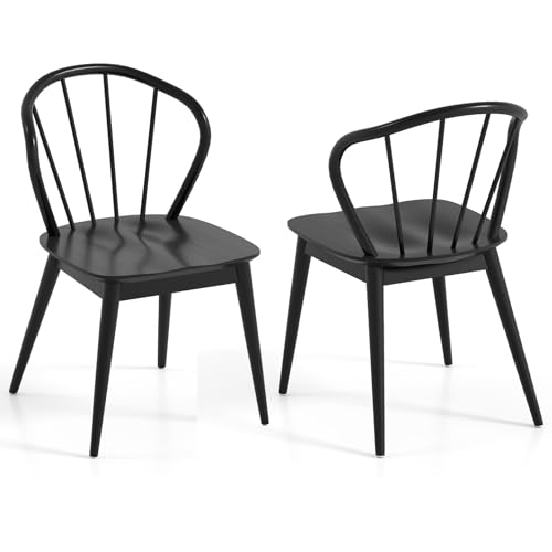 Giantex Wooden Dining Chairs Set of 2, Black Windsor Kitchen Chair w/High Spindle Back & Rubber Wood Legs, Wide Seat & Curved Backrest, Farmhouse Side Chairs, Armless Accent Chair for Home Restaurant