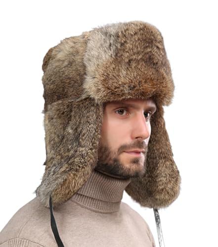 YWTAENOH Winter Trapper Hat Earflap Trapper Hat for Winter Aviator Windproof Hat Ski Trooper Hat Cap Faux Rabbit Fur Cap Brown