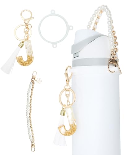 TOVICE Letter Accessories for Owala Water Bottle 24-40oz, 3PC Cute Initial Keychain & Water Bottle Handle Strap with a Thick Elastic Silicone Ring Holder (White,J)