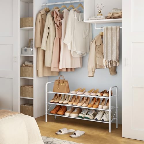 Image of Hoctieon 3 Tier Durable Mesh Style Shoe Rack, Entryway Shoe Shelf, Shoe Rack FreeStanding, Shoe Storage Organizer, Shoe Rack for Closet, Space Save For bathroom, Hallway, Bedroom, Living Room, White
