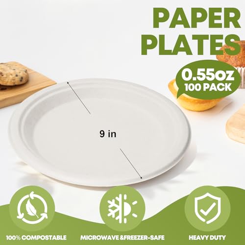 W&Y paper plates 9 Inch Disposable Paper Plates [100 Pack] - Heavy Duty Dinner Plates, Leak Proof & Microwave Safe, Cut Resistant & Compostable for Parties, Weddings, Catering Events