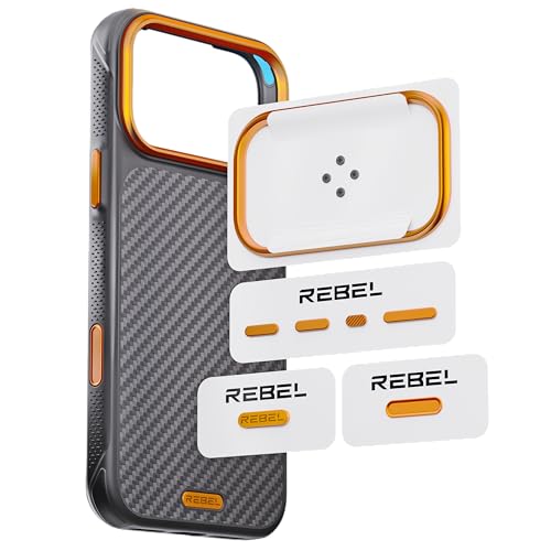 REBEL GEN7 Metal Components Upgrade Kit [CNC Aluminum Full Set] Lens Protector Ring, Camera Button, All Buttons & Logo Pack for iPhone 17 Pro Max (6.9-inch) GEN-7/FLEX17 Aramid Case (Ultra Orange)