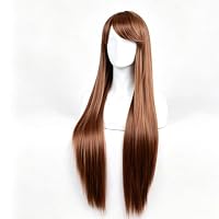 Gairyan Perücke Braun mit Pony Lang Glatt Anime Cosplay Perücke Damen, 80cm Brown Wig für Frauen Mädchen Hitzebeständig Synthetische Lockige Perücken Halloween für Karneval Kostüm Party Tägliche – Ansicht 4