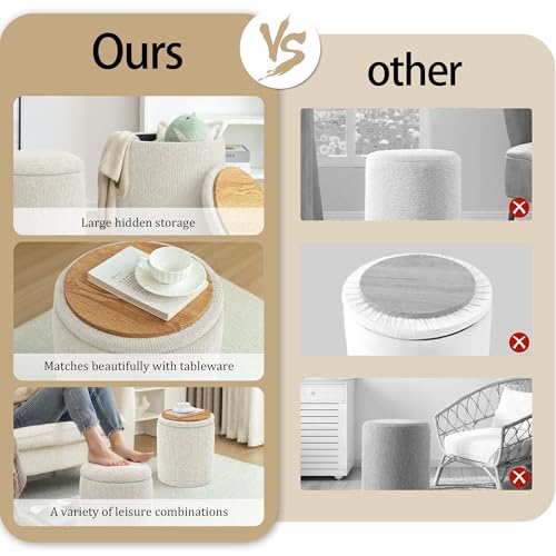 YSICK Round Ottoman with Storage, Set of 2, Small Vanity Stool as Vanity Chair, Corduroy Ottoman Foot Rest for Small Space, Living Room, Bedroom, Beige