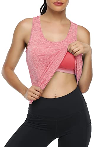 Miusey Summer Mesh Racerback Tank Top Built-in Shelf Padded Bra for Women,Sleeveless Tunic Shirt,Ladies Workout Casual Yoga Gym Running Hiking Exercise Muscle Clothes Moisture Wick Quick Dry Pink XXL