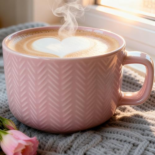 Disoza Groß Suppentassen mit Henkel Groß Tasse Rosa Keramik Kaffeetasse Jumbotassen XXL Porzellan Kaffee Tasse 700ml Kaffee Tee Müsli Suppen Kaffeebecher Schale Schüssel Suppenschüssel mit Griff