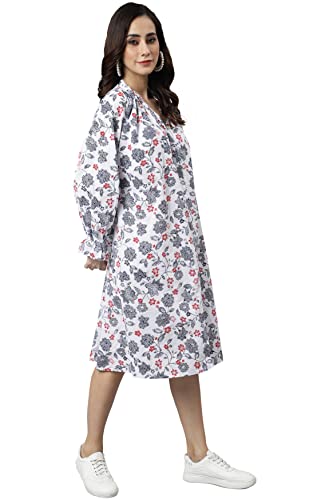 Image of Janasya Women's White Cotton Floral Print Flared Western Dress