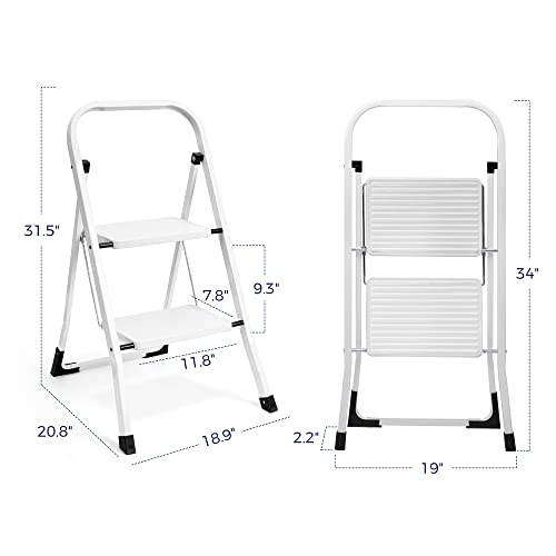Delxo White 2 Step Ladder Folding Step Stool For Adults With Handgrip Anti-Slip Wide Pedal,Heavy-Duty Sturdy Safe Small Step Stool Ladder For Kitchen Or Closet Portable Lightweight 2-Feet Step Ladder #TOP3